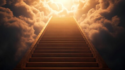 A staircase ascends into glowing clouds, symbolizing a journey towards enlightenment or the afterlife.