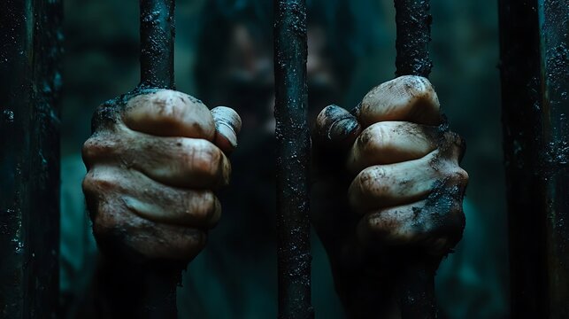 Desperate escape attempt by captive hands in dark prison cell