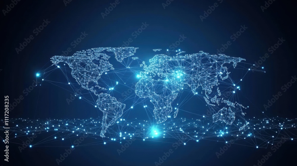 Poster global connectivity visualization digital world map infographic dark background tech perspective dat