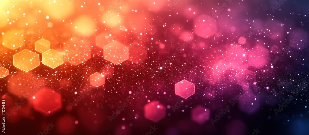 Poster abstract bokeh background with warm and cool tones, featuring hexagonal shapes and sparkling particl