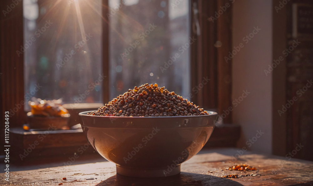 Poster a bowl of beans is sitting on a table. the beans are scattered all over the table and the bowl
