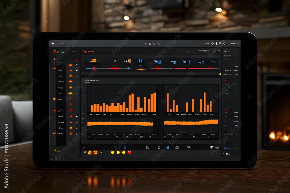 Poster tablet displaying data analytics graphs and charts on dark interface.
