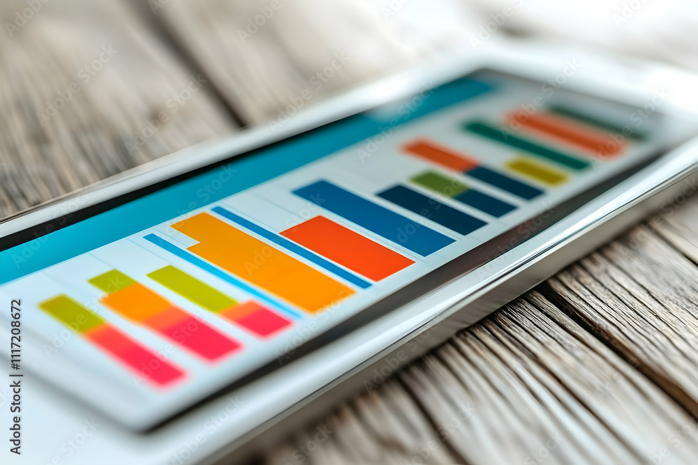 Poster tablet displaying colorful bar graph on wooden surface.
