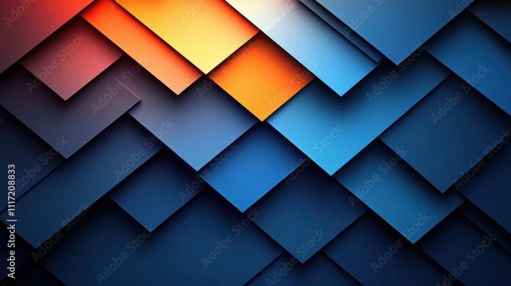 Poster abstract geometric pattern of overlapping squares in vibrant orange, blue, and dark shades, creating