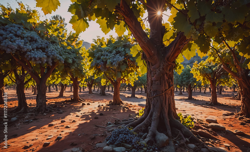 Aufkleber A large tree with a trunk that is covered in leaves. The leaves are green and the trunk is brown. The tree is surrounded by other trees and there are grapes growing on the ground