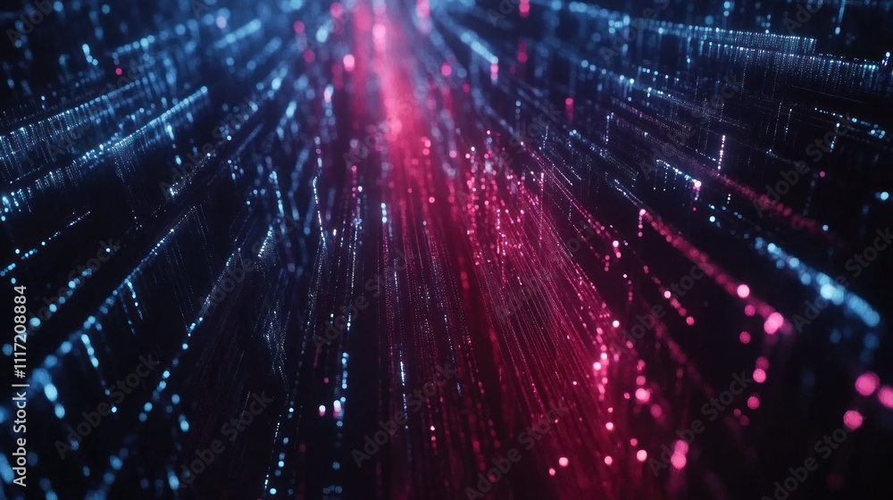 Poster abstract digital data stream, glowing particles converge in a central point, creating a futuristic t