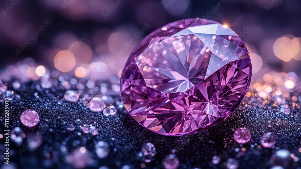 Poster close-up of a sparkling purple gemstone resting on a dark surface adorned with smaller gems and boke