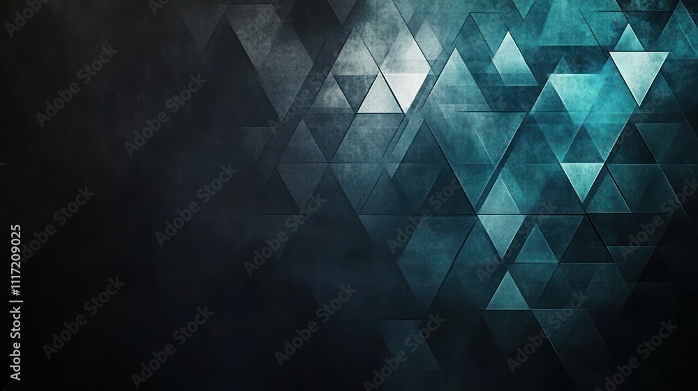 Poster abstract dark teal triangle pattern background with smoky texture and lighting effects.
