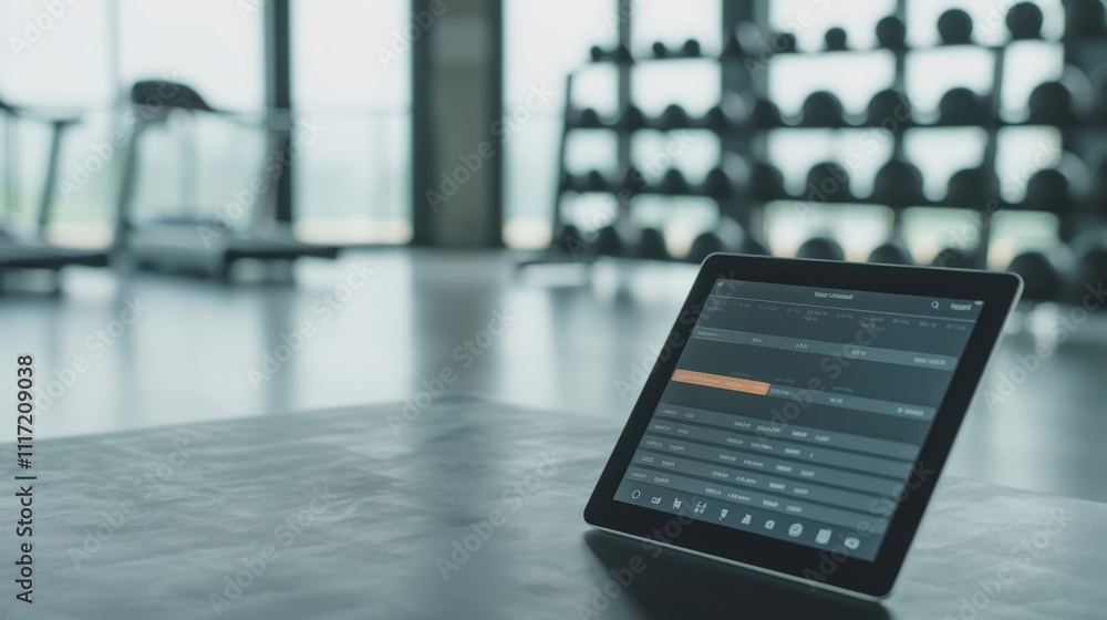 Aufkleber modern fitness technology: close-up of tablet displaying workout programs in an empty gym with dumbb