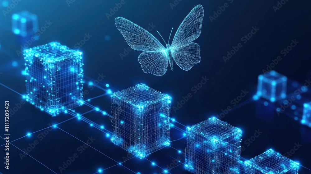Aufkleber digital transformation butterfly effect on data blocks virtual space infographic futuristic perspect