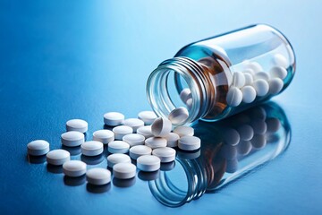 A bottle of pills is on a table with a blue background