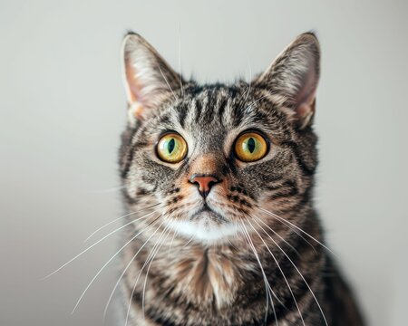 A close-up portrait of a curious tabby cat with striking yellow eyes and a focused expression against a neutral background.
