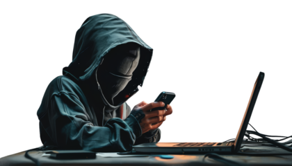 Mysterious Figure in Hoodie Engaged with Phone and Laptop 