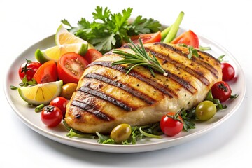 A plate of grilled chicken with vegetables including tomatoes, cucumbers