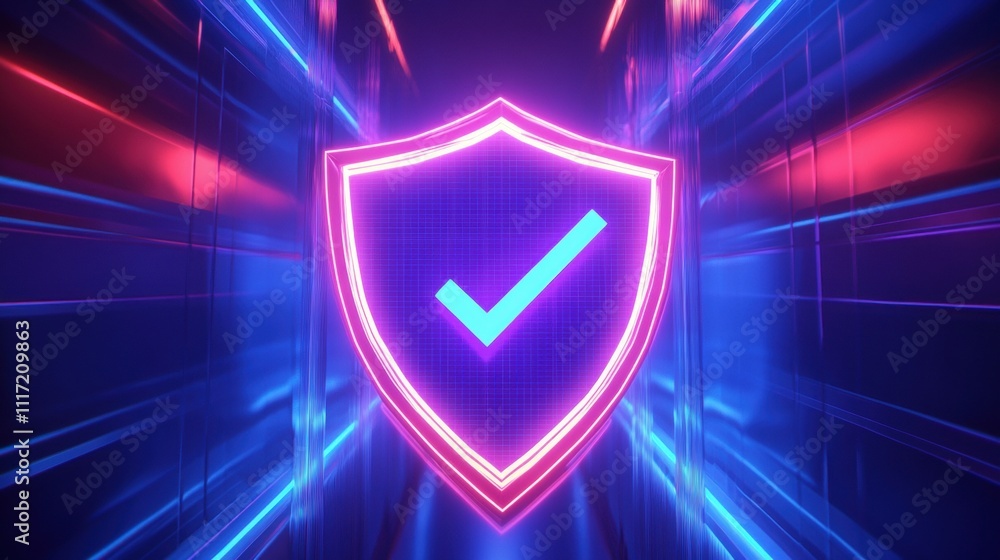 Poster cybersecurity checkpoint digital shield animation virtual space graphic design futuristic environmen