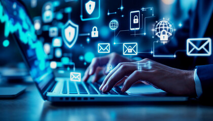 Fototapeta premium Person typing on a laptop with digital security icons, highlighting the importance of cybersecurity in a professional setting
