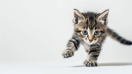 Obraz premium A playful kitten with striking blue eyes is curiously walking towards the camera against a simple white background.