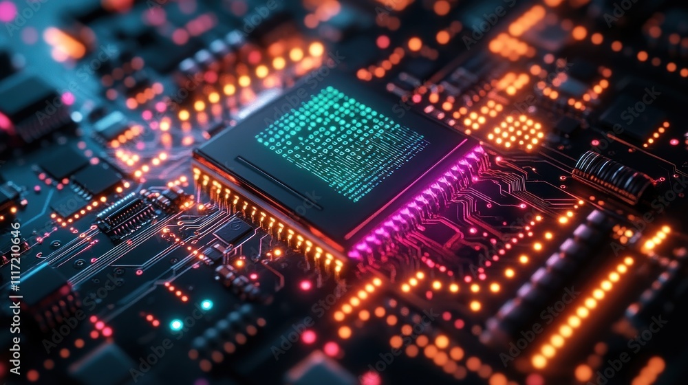 Poster close-up of a glowing central processing unit (cpu) on a circuit board.