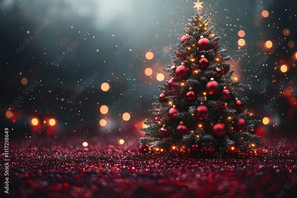 Poster christmas tree with red ornaments on sparkling red ground, illuminated by warm lights and bokeh.