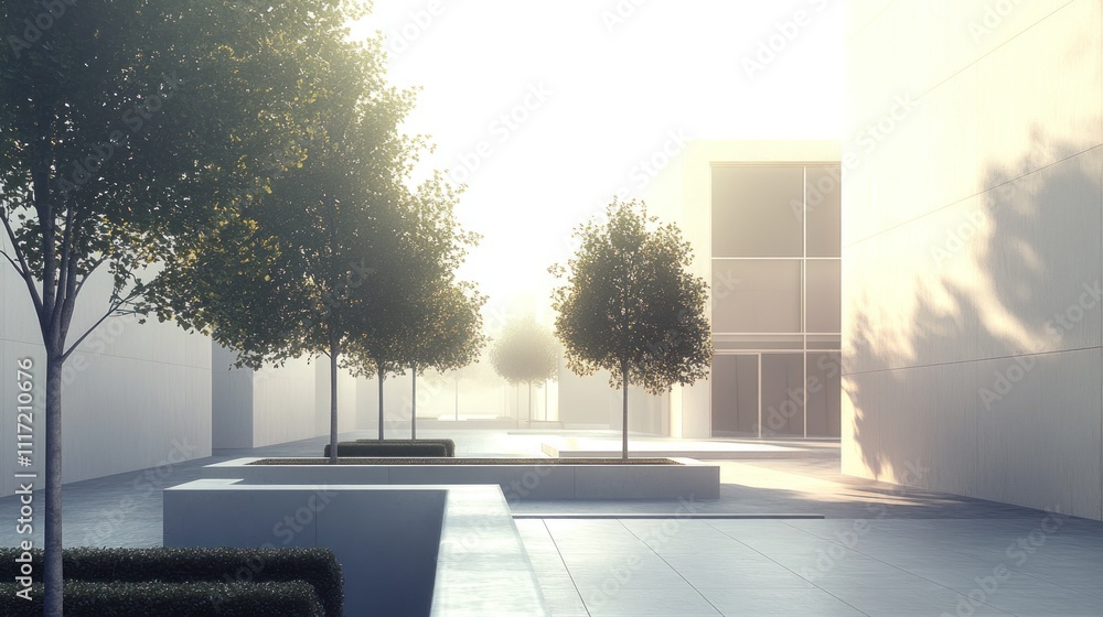 Poster sunlit modern plaza with trees and minimalist architecture.
