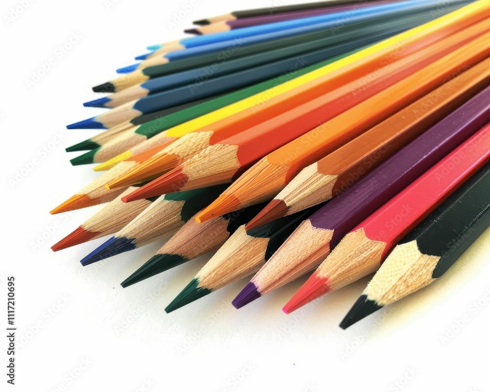 Poster a vibrant array of colored pencils arranged in a fan shape, showcasing a spectrum of colors on a whi