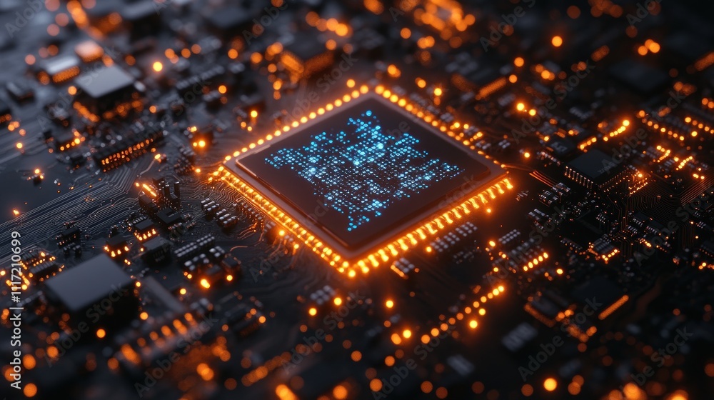 Poster close-up of a glowing microprocessor chip on a circuit board.