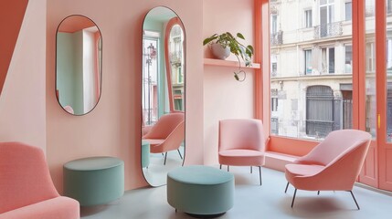 Pastel pink waiting room with teal accents, oval mirrors, and modern armchairs near a window.