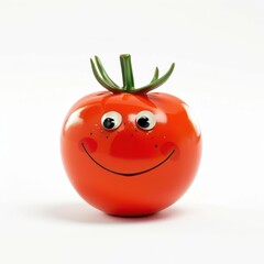A cheerful cartoon-style tomato with a smiling face and green stem, embodying fun and freshness in a playful design.