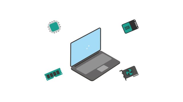 Laptop Specification Animation Concept, Computer Hardware Components, Floating on Transparent Background Alpha Channel Setting, Loop Animation