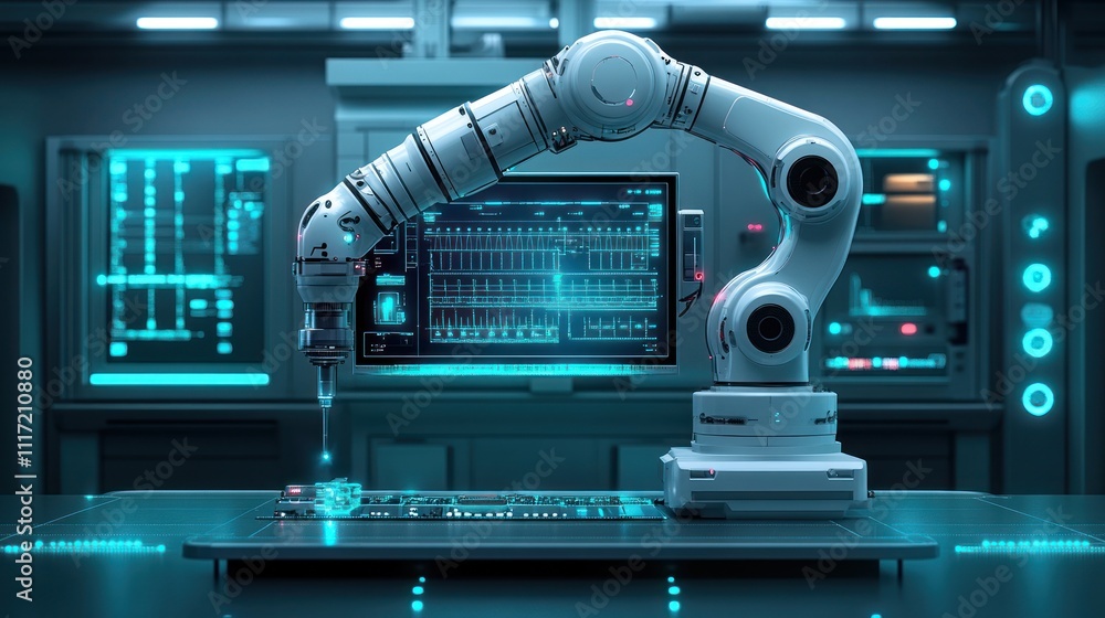 Poster robotic arm precisely placing a microchip onto a circuit board in a futuristic laboratory setting.