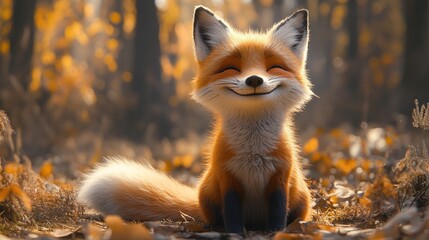 Happy red fox sitting in autumn forest.