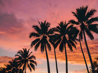 Naklejka premium A vibrant upward shot of palm trees silhouetted against a pink and orange tropical sunset sky.