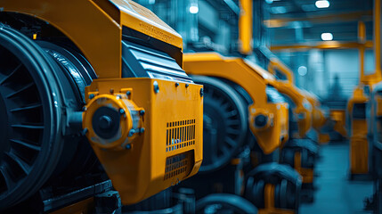 Close-up of industrial machinery with orange details in a modern factory.