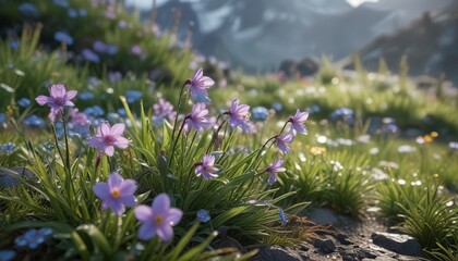 Obraz premium Alpine flowers swaying gently in the morning dew, foggy mountains, kodori gorge
