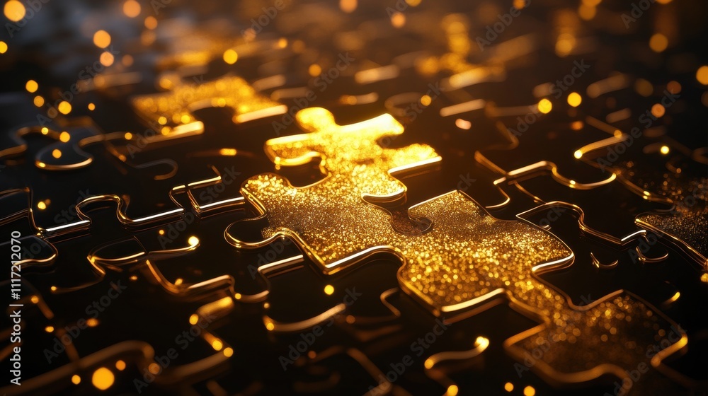Aufkleber golden puzzle pieces close-up abstract photography studio setting macro view concept of unity and co