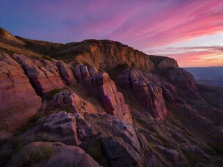 Obraz premium A dynamic upward angle of rugged cliffs against a vivid twilight sky with colors of purple and pink.