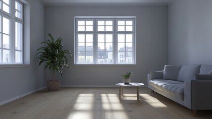 Fototapeta premium Bright and Minimalist Living Room with Large Windows and Indoor Plants, Featuring a Comfortable Sofa and Simple Coffee Table in a Contemporary Design Aesthetic