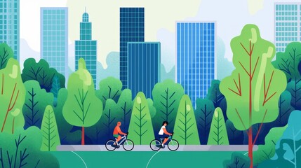 Two Cyclists Riding Through a Lush Park Surrounded by Tall Skyscrapers in a Vibrant Cityscape Illustrating Urban Nature Harmony