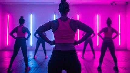 Dynamic Group Workout Session with Neon Lighting: Focused Individual Leading Fitness Class in a Vibrant Atmosphere
