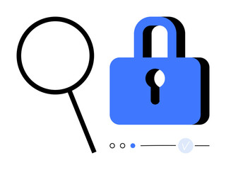 Magnifying glass next to a blue padlock suggests search and security themes. Ideal for cybersecurity, privacy, data protection, research, online safety, encryption, and secure access. Line metaphor