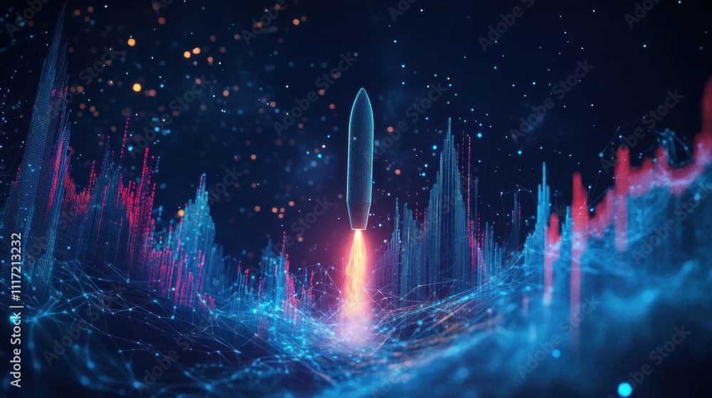 Poster rocket launch event digital space 3d animation futuristic environment aerial view technology and inn