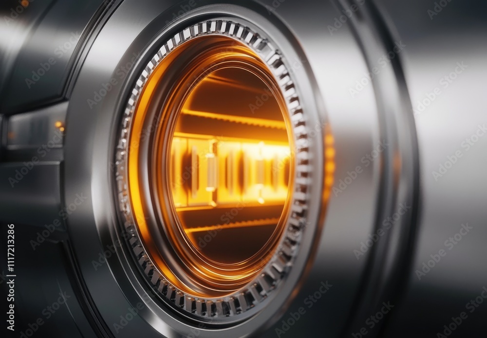 Poster close-up of a futuristic circular mechanism with glowing orange elements and a metallic finish, symb