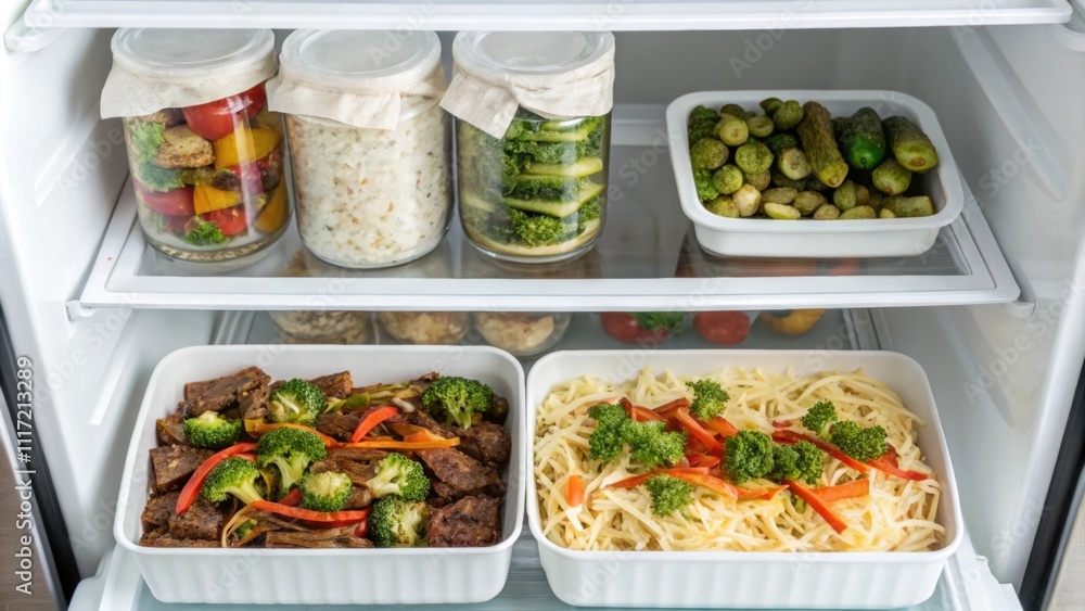 Poster gleaming and orderly the fridge displays an organized setup featuring meal portions in containers. e
