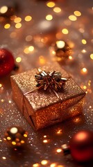 Rose gold gift box with Christmas ornaments and lights.