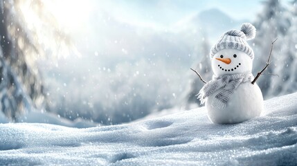Winter wonder: happy snowman in snowy landscape, dreamy bokeh effect, capturing essence of Christmas cheer and the magic of the holiday season with ample copy space.