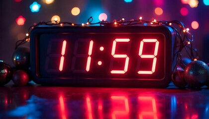 A digital or vintage clock showing 11:59 with festive decorations around it