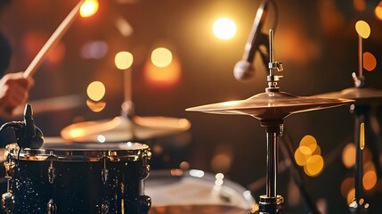 Naklejka premium Close-up of a drum set with microphones and bokeh lights in the background, suggesting a performance.