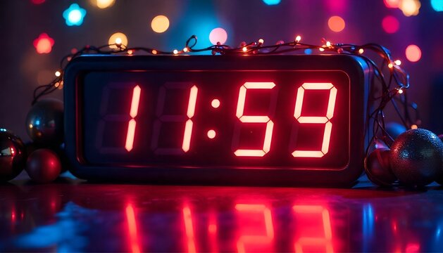 A digital or vintage clock showing 11:59 with festive decorations around it - Powered by Adobe