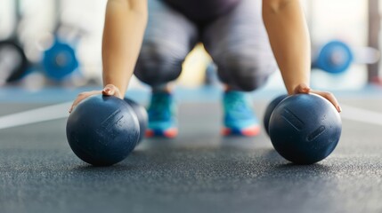 Focused Athlete Engaging in a Dynamic Workout with Two Weighted Balls on a Gym Floor During Strength Training Session