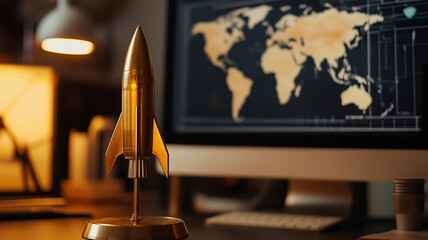 Obraz premium デスク上のミニチュアロケットと未来的なワークスペース